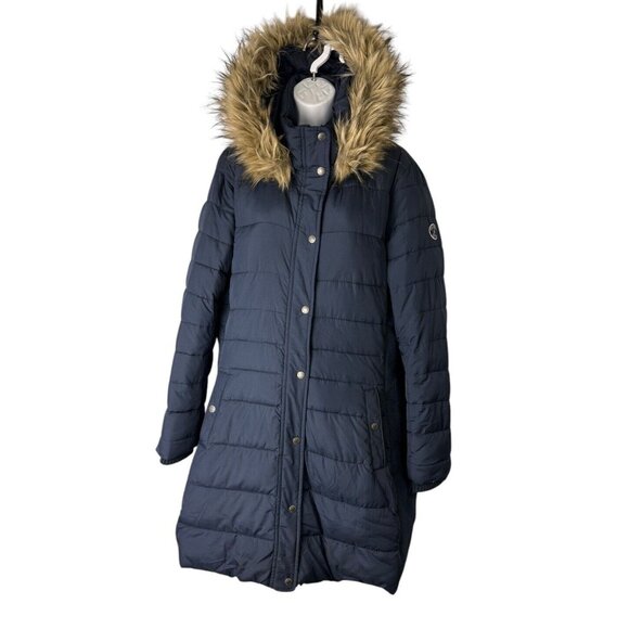 Abercrombie & Fitch Hooded Winter Puffer Jacket Coat Women XL Fur Trim Long Knee - Picture 2 of 7